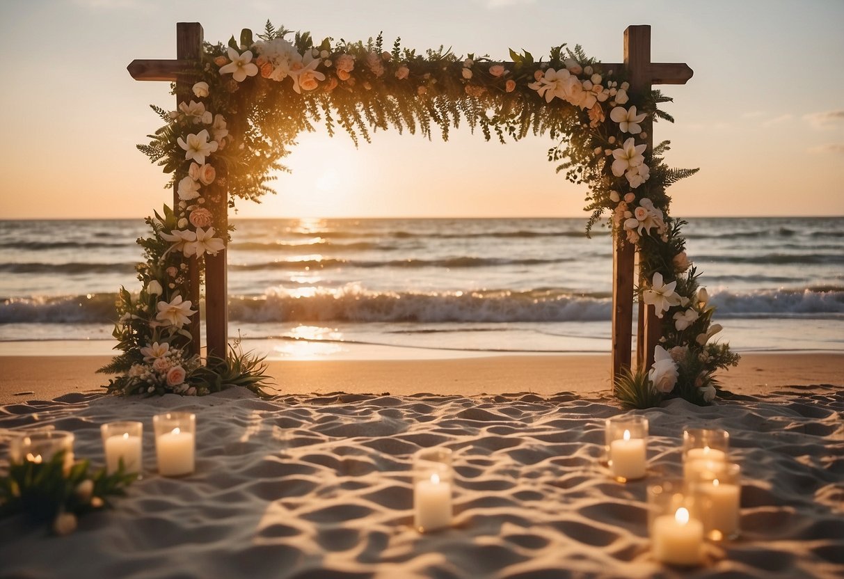 A beachside wedding setting with seashell boutonnieres adorning a rustic wooden archway. Waves crashing in the background, with a soft, golden sunset casting a warm glow over the scene