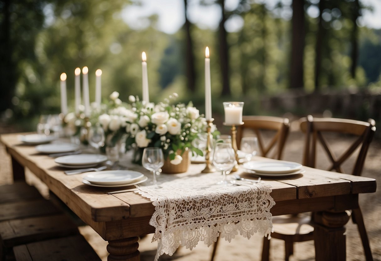 A vintage lace table runner adorns a rustic outdoor wedding table, adding a touch of elegance to the natural setting