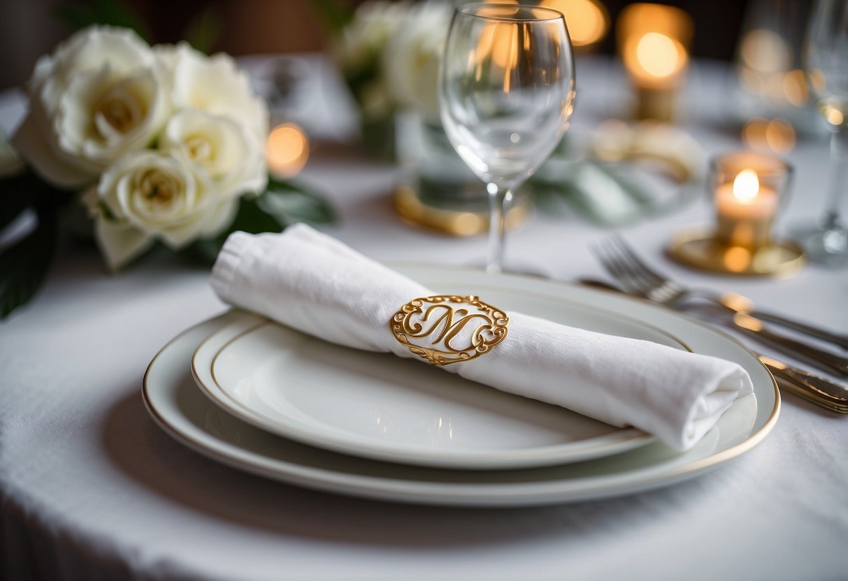 Monogrammed napkins arranged on white table, elegant wedding decor