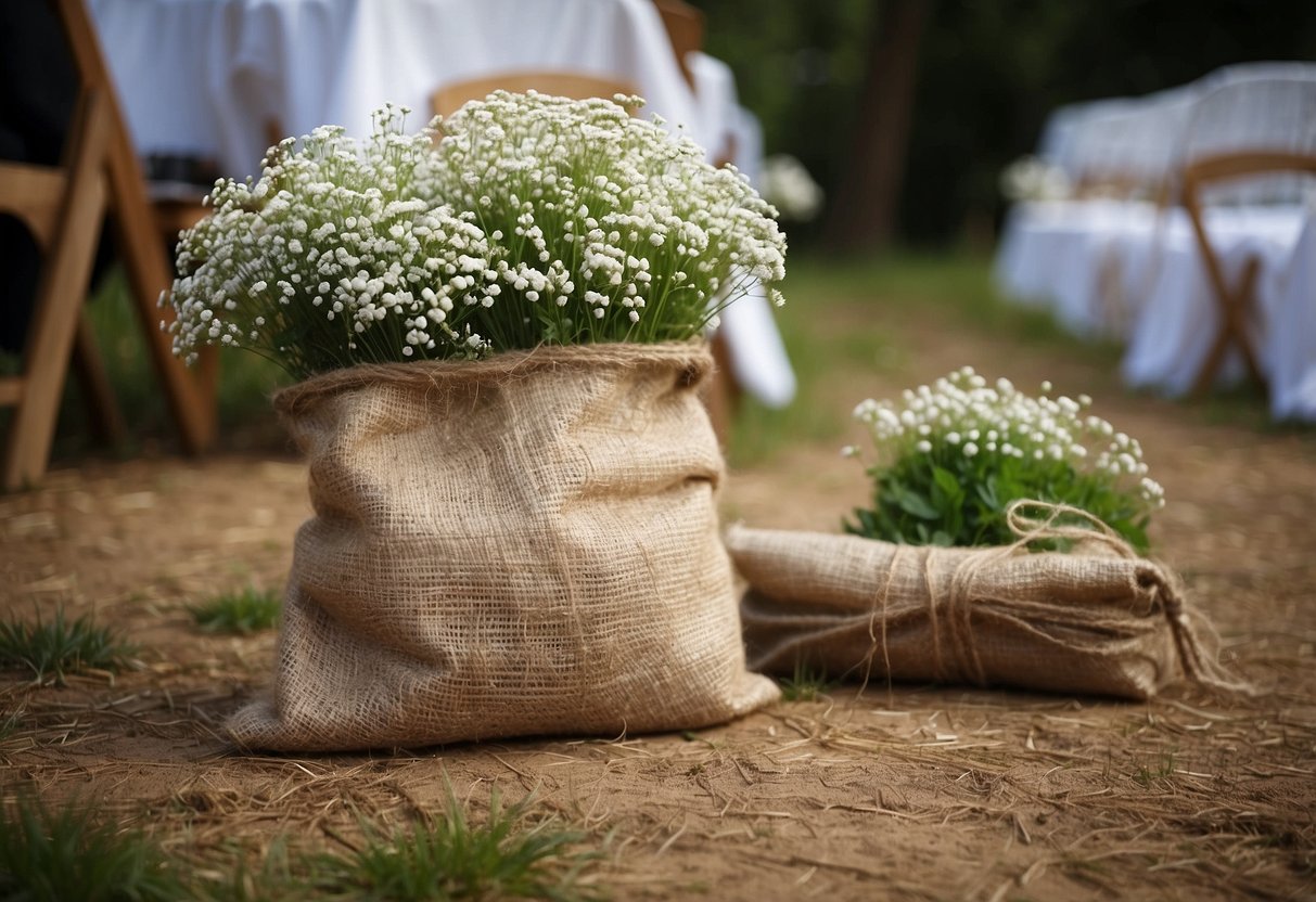 Rustic outdoor wedding scene with hessian sack decorations and natural elements