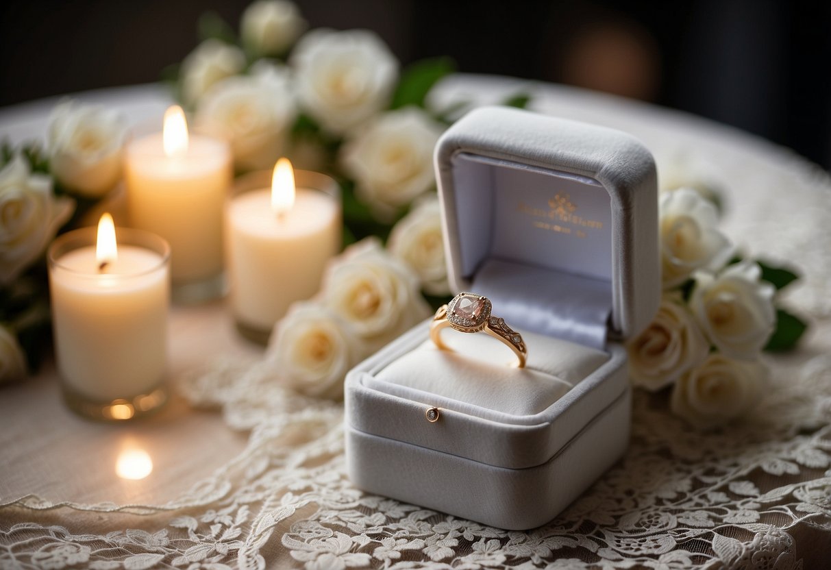 A white velvet ring box sits on a lace-covered table, surrounded by delicate flowers and candles, creating a romantic wedding decor