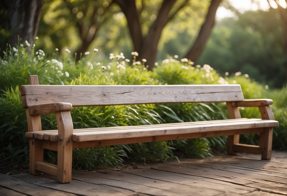 Rustic wooden benches arranged in a natural outdoor setting, surrounded by greenery and flowers, creating a serene and romantic atmosphere for a wedding