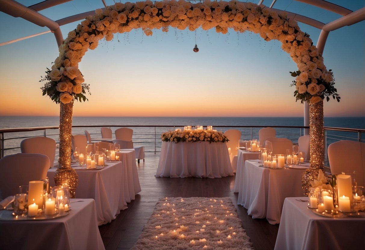 A cruise ship adorned with elegant decorations for a wedding ceremony, with an ocean backdrop and a picturesque sunset casting a warm glow over the scene