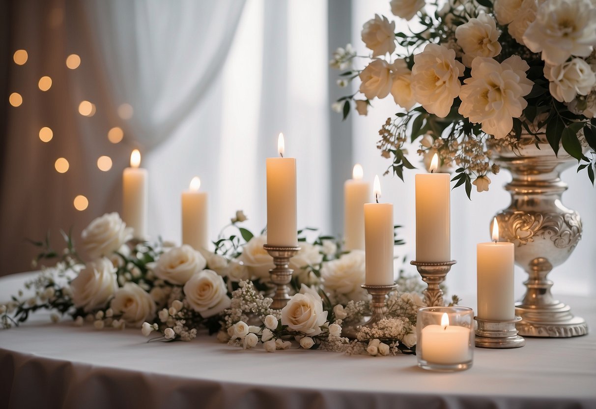 A table adorned with white flowers, candles, and lace. A backdrop of ivory curtains and twinkling lights. Subtle hints of silver and blush accents