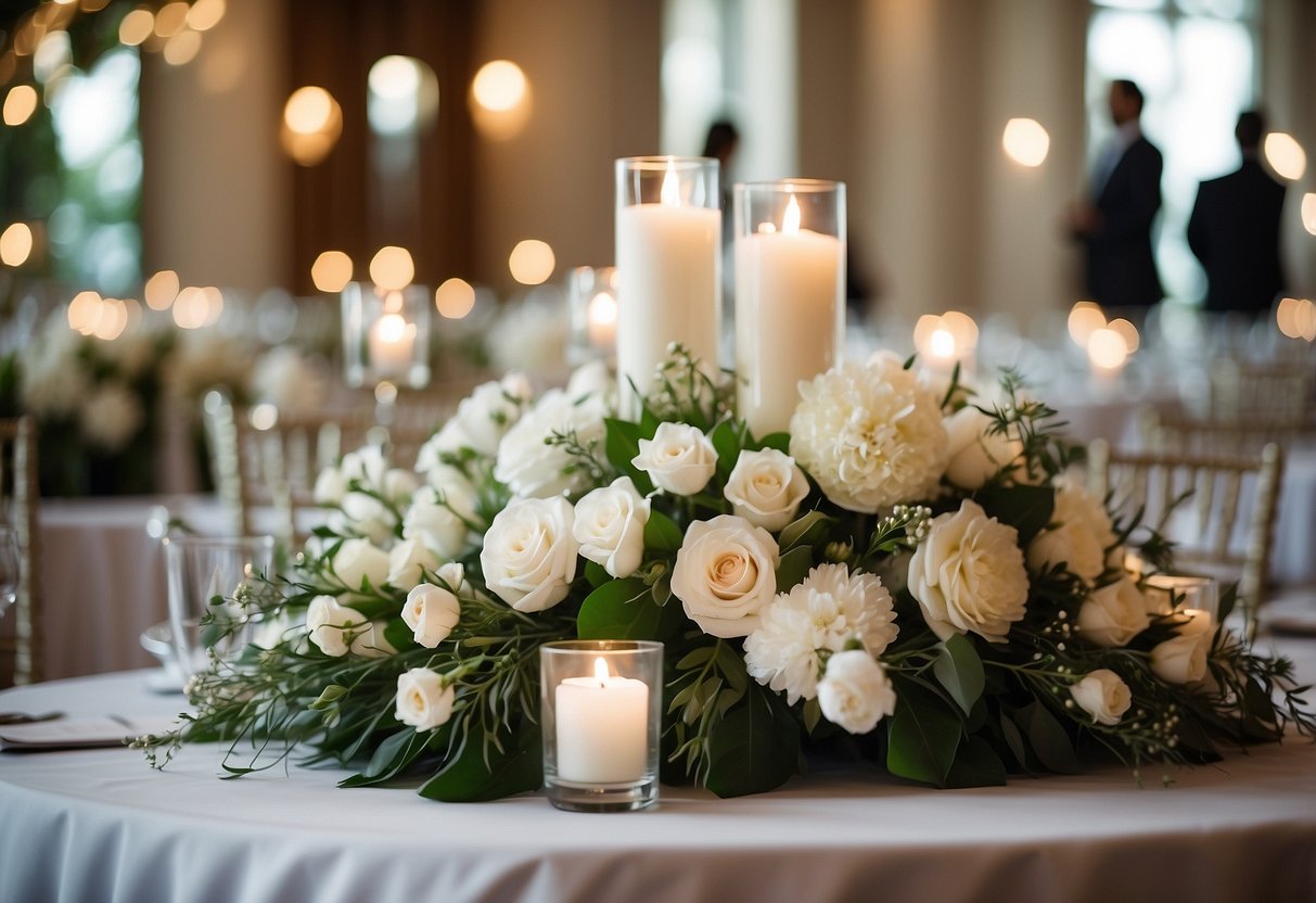 The ceremony space is adorned with white wedding decor, including elegant floral arrangements, draped fabric, and twinkling lights