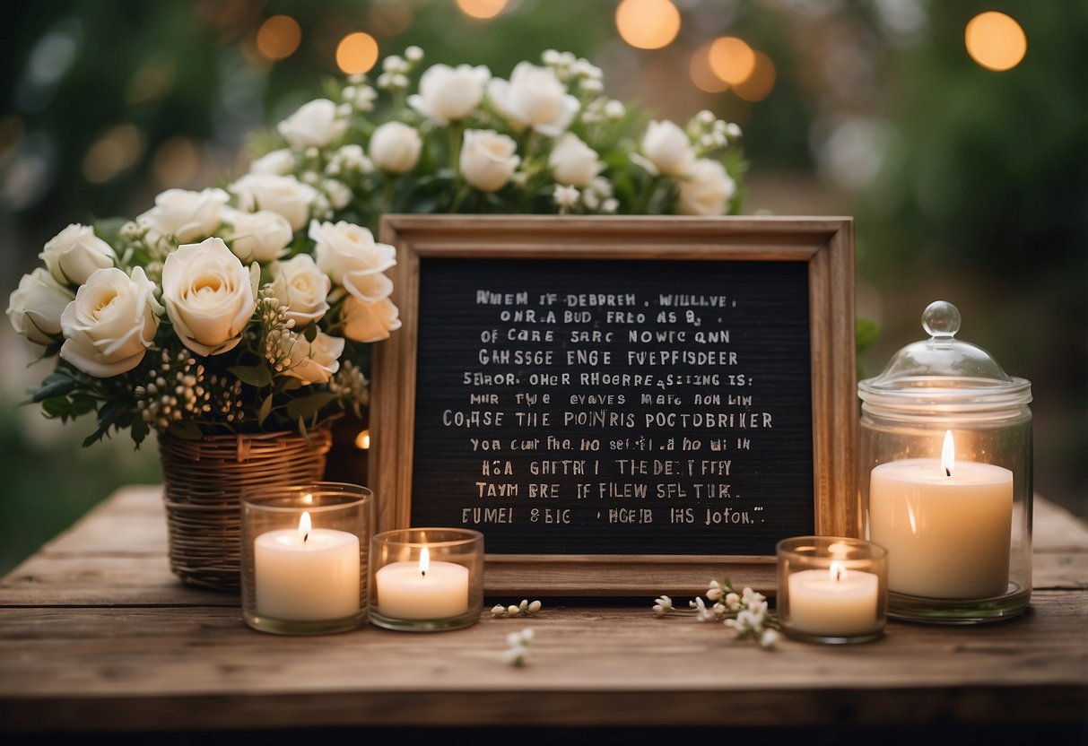 A decorative letter board with wedding-related quotes and messages, surrounded by flowers and candles, set against a romantic backdrop