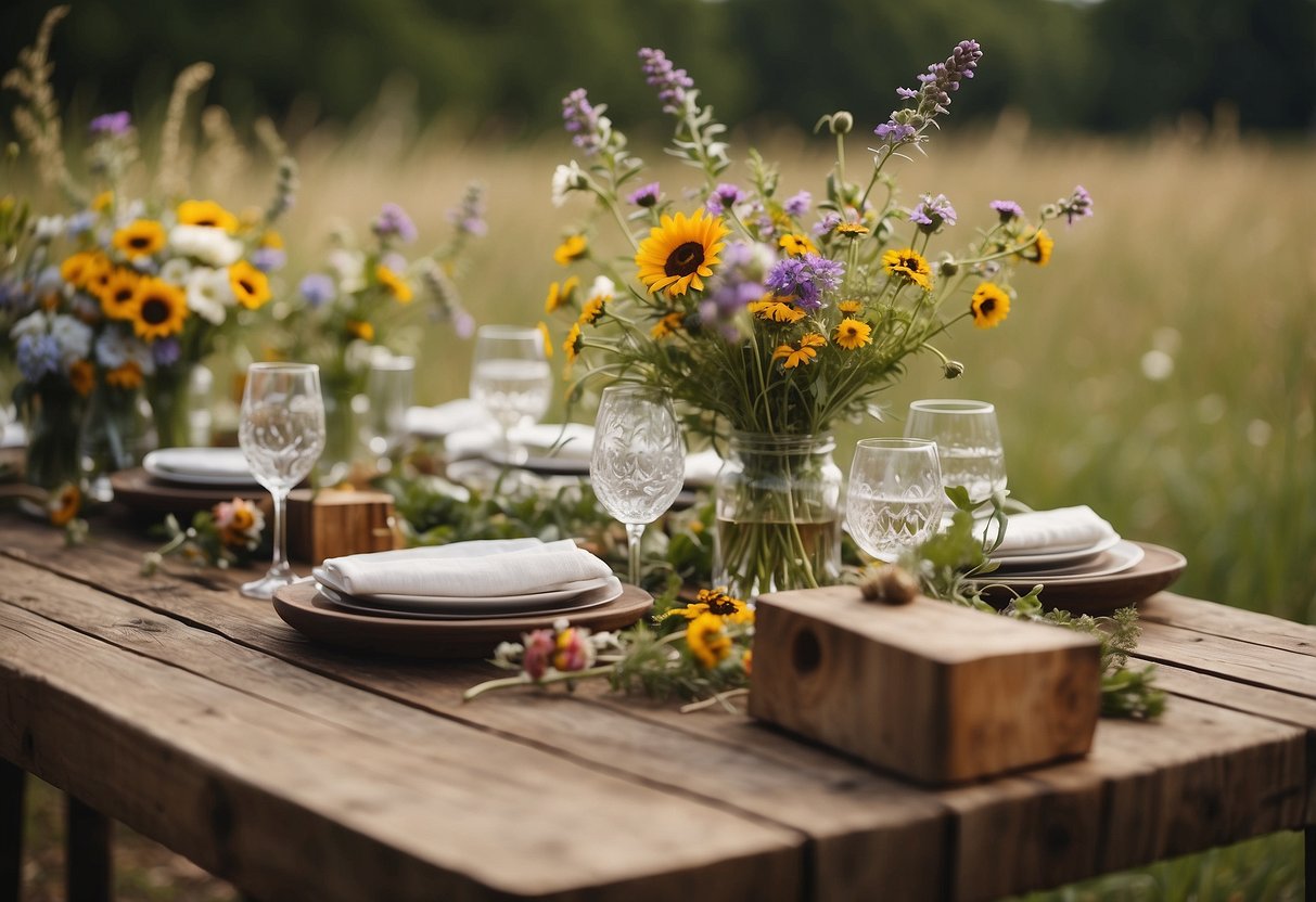 A wooden table adorned with wildflower bouquets, set against a backdrop of a rustic outdoor wedding