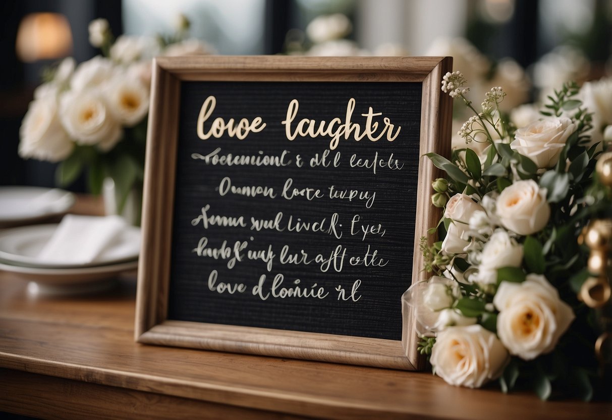 A wedding letter board with "Love laughter and happily ever after" displayed in elegant script, surrounded by delicate floral arrangements