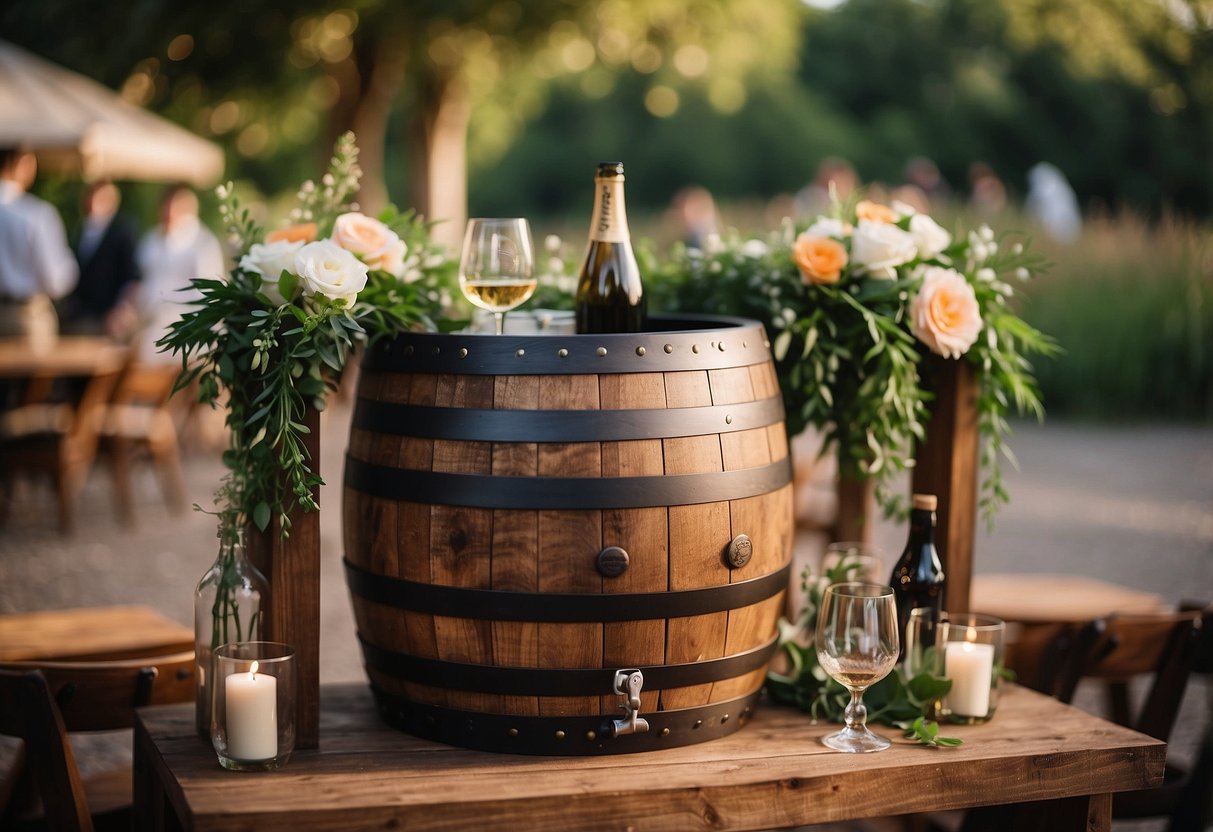 A wooden barrel beverage station sits amidst a charming outdoor wedding setting, adorned with rustic decor and surrounded by lush greenery