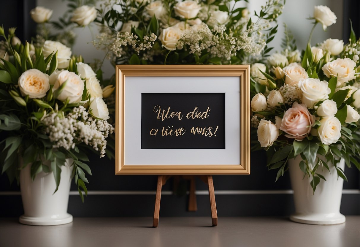 A wedding letter board with the quote "We do. We did. We always will." displayed in elegant script, surrounded by delicate floral decorations