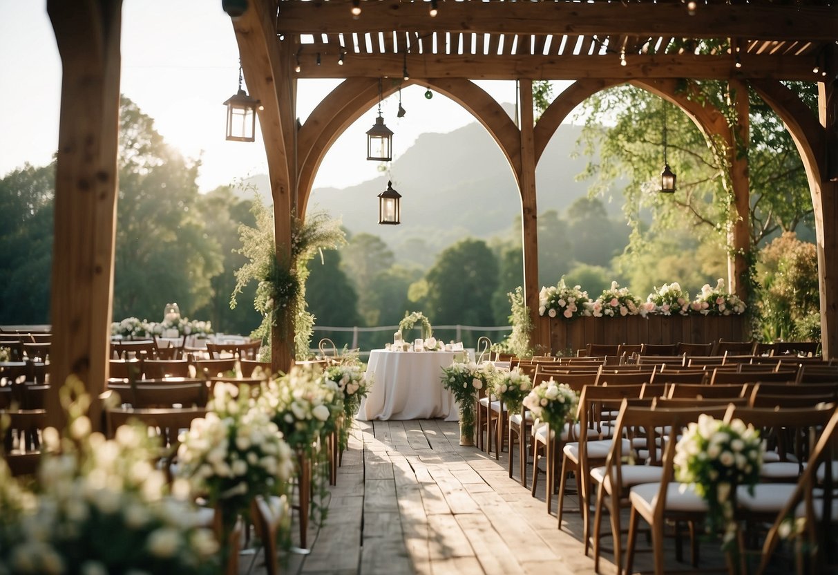 A charming outdoor venue with wooden arches, blooming flowers, and hanging lights creates a rustic ambiance for a wedding