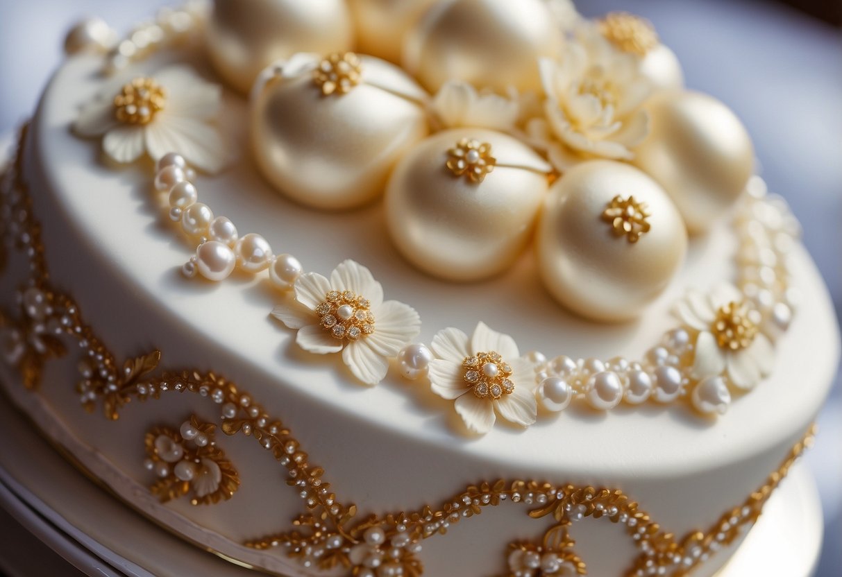 A three-tiered wedding cake adorned with shimmering pearls and delicate floral accents