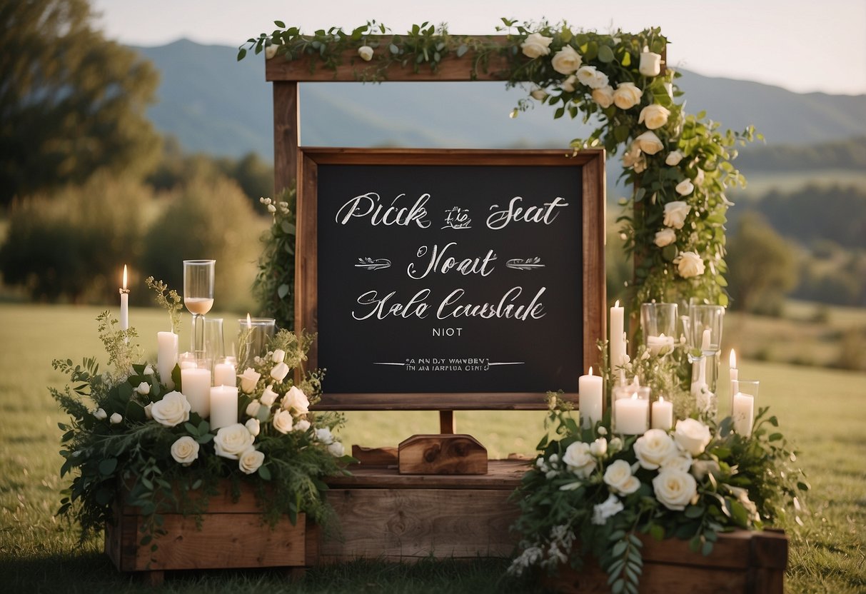 A wedding sign with "Pick a seat not a side" in elegant calligraphy, surrounded by floral arrangements and soft candlelight