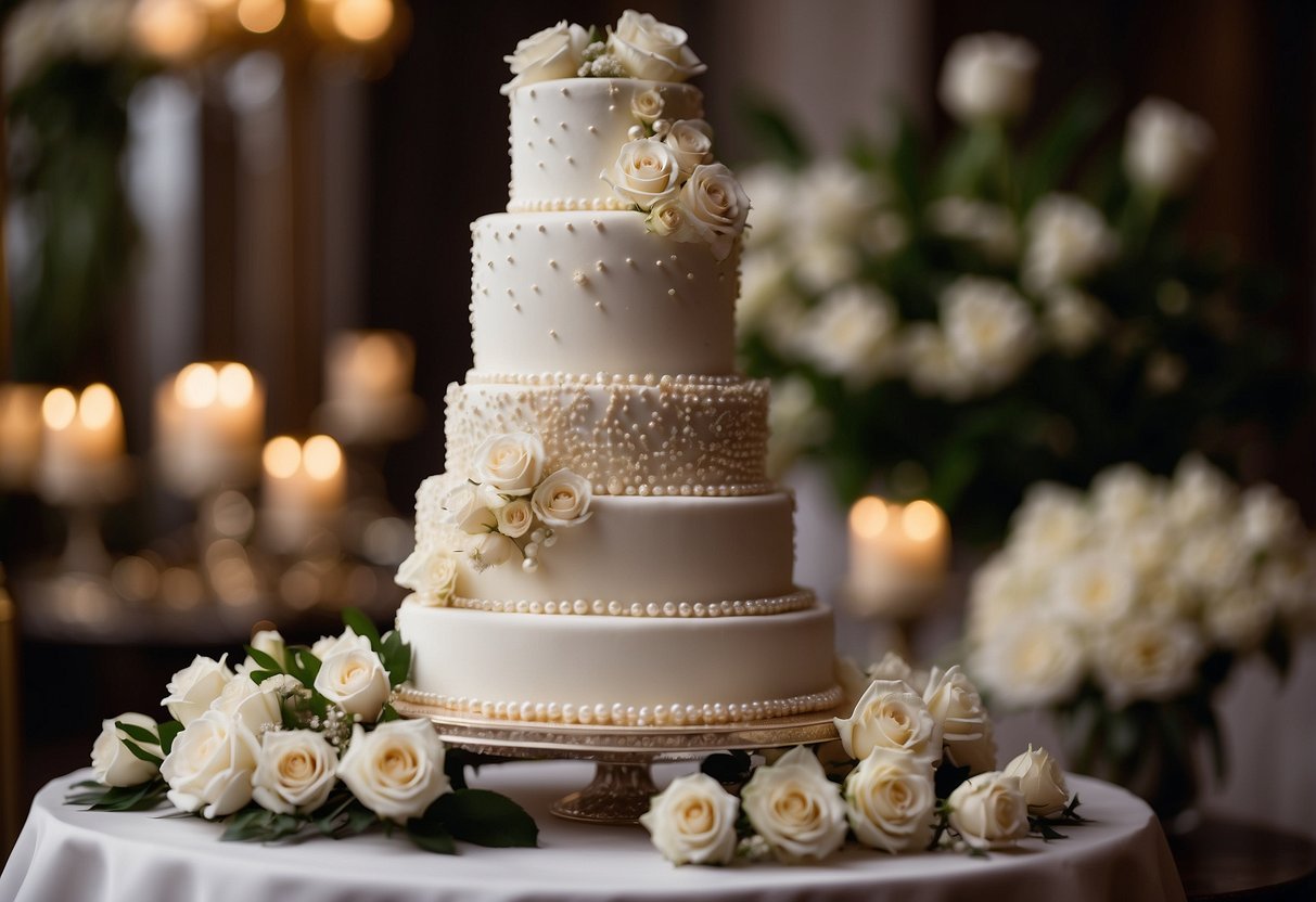 A luxurious three-tiered wedding cake adorned with pearls and rich Dutch chocolate, set against a backdrop of elegant floral arrangements