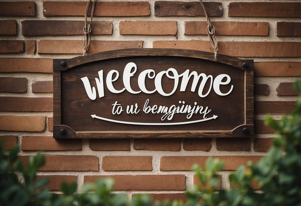 A rustic wooden sign with white lettering hangs on a brick wall, reading "Welcome to our beginning" in elegant script