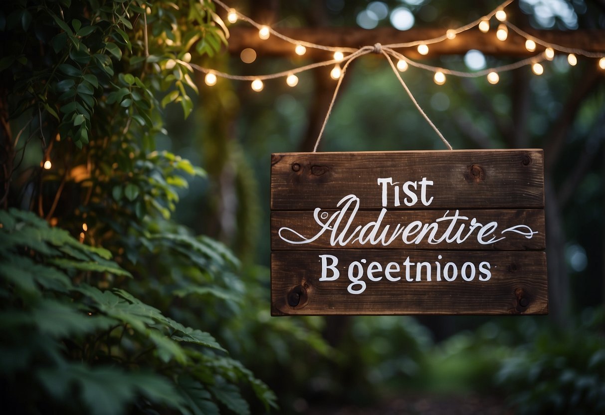 A rustic wooden sign with white calligraphy reads "And so the adventure begins" against a backdrop of lush greenery and twinkling string lights