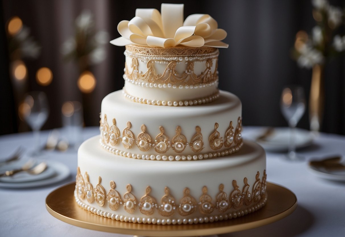 A three-tiered fondant cake adorned with vintage lace and pearls, a classic and elegant design for a wedding celebration