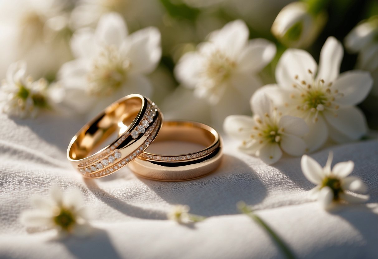 A pair of elegant wedding rings resting on a bed of delicate white flowers, with a soft, romantic light casting a warm glow over the scene