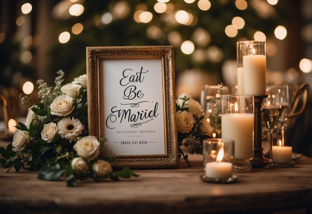 A festive wedding letter board with the phrase "Eat Drink and Be Married" displayed in elegant script, surrounded by floral decorations and twinkling lights