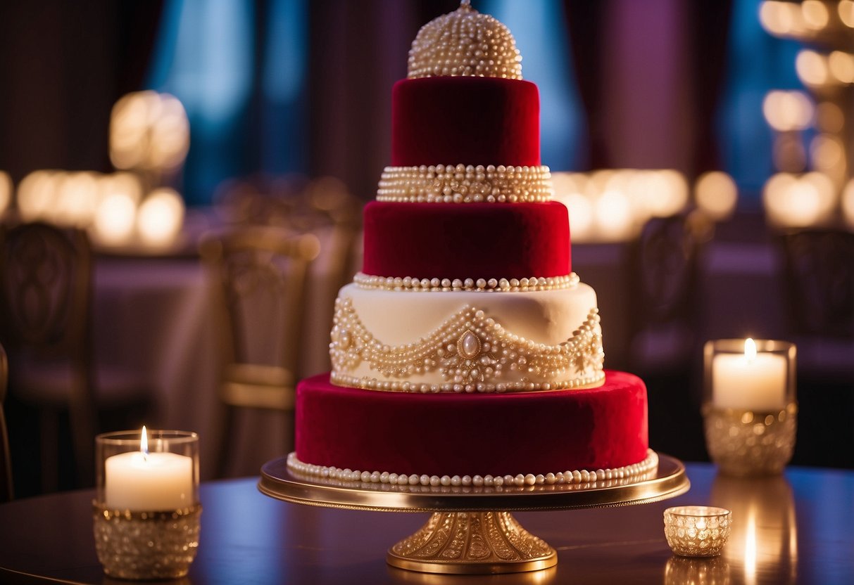 A grand red velvet wedding cake adorned with royal pearls, gleaming in the soft candlelight of a luxurious ballroom