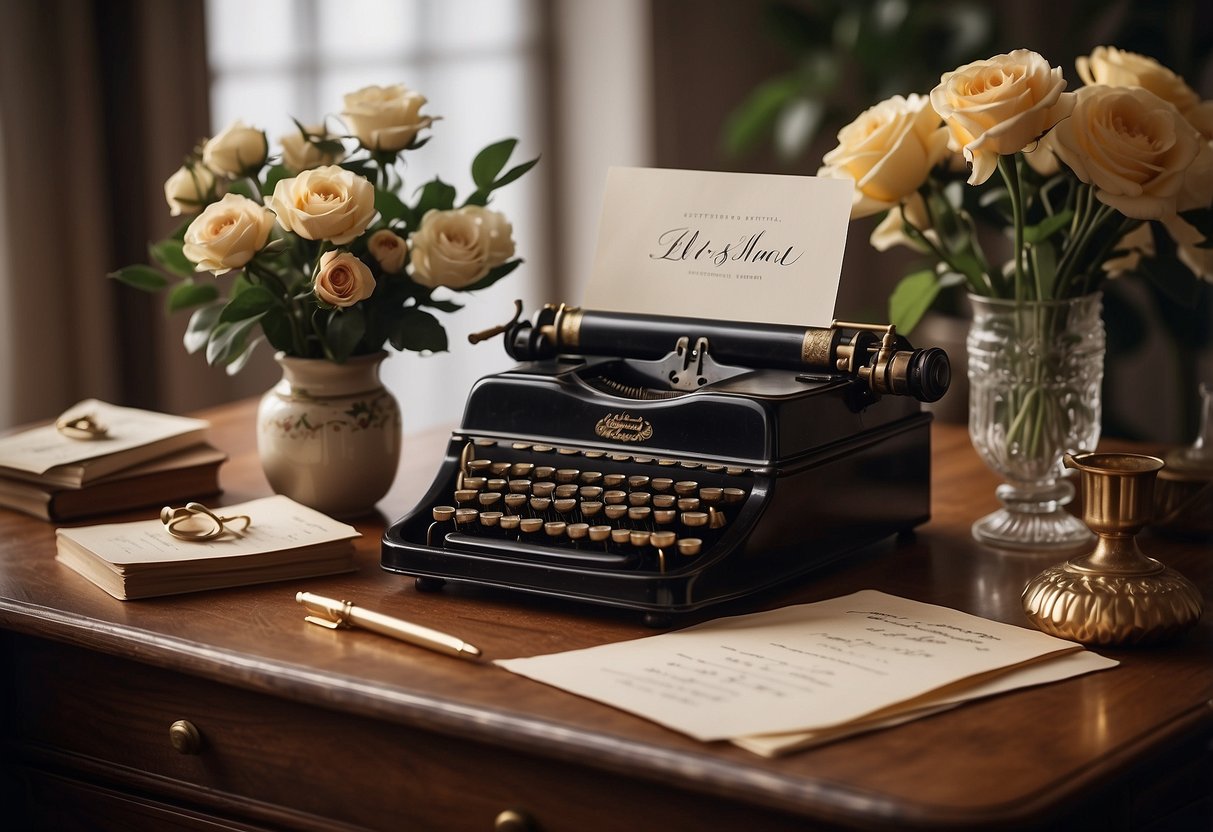 A vintage desk with elegant calligraphy announcement cards and a quill pen. A vase of flowers adds a touch of romance to the scene