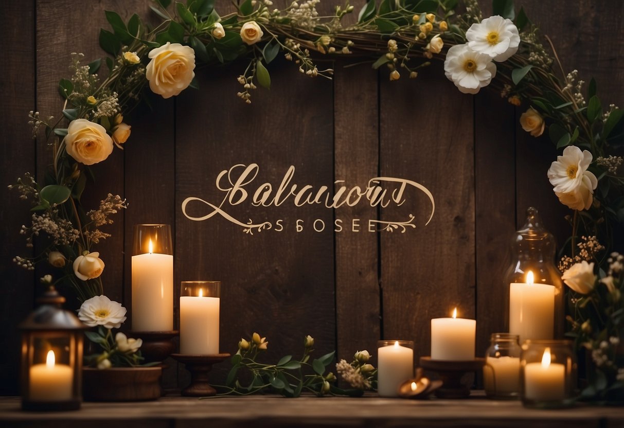 A rustic wooden signboard with elegant calligraphy, surrounded by delicate floral arrangements and soft candlelight