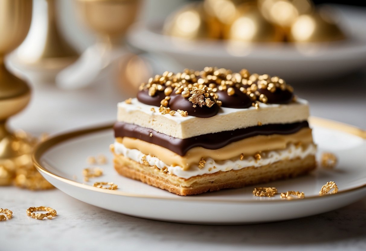 A decadent eclair cake adorned with gold leaf and delicate pearls, sitting on a pristine white cake stand