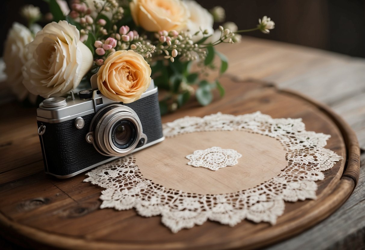 A wooden table with a lace doily, vintage camera, and rustic floral arrangements. A stack of save-the-date cards with a rustic, weathered look