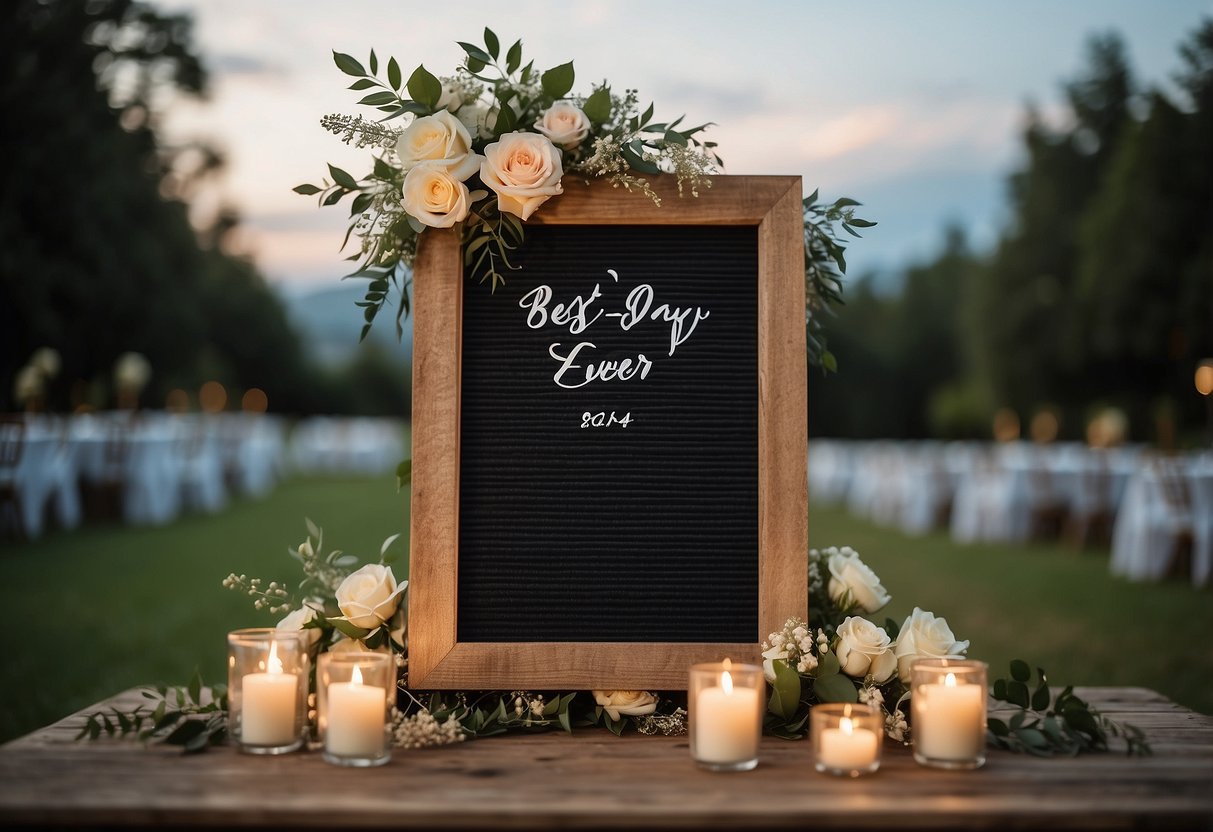 A wedding letter board with "Best day ever!" in elegant script, surrounded by flowers and twinkling lights