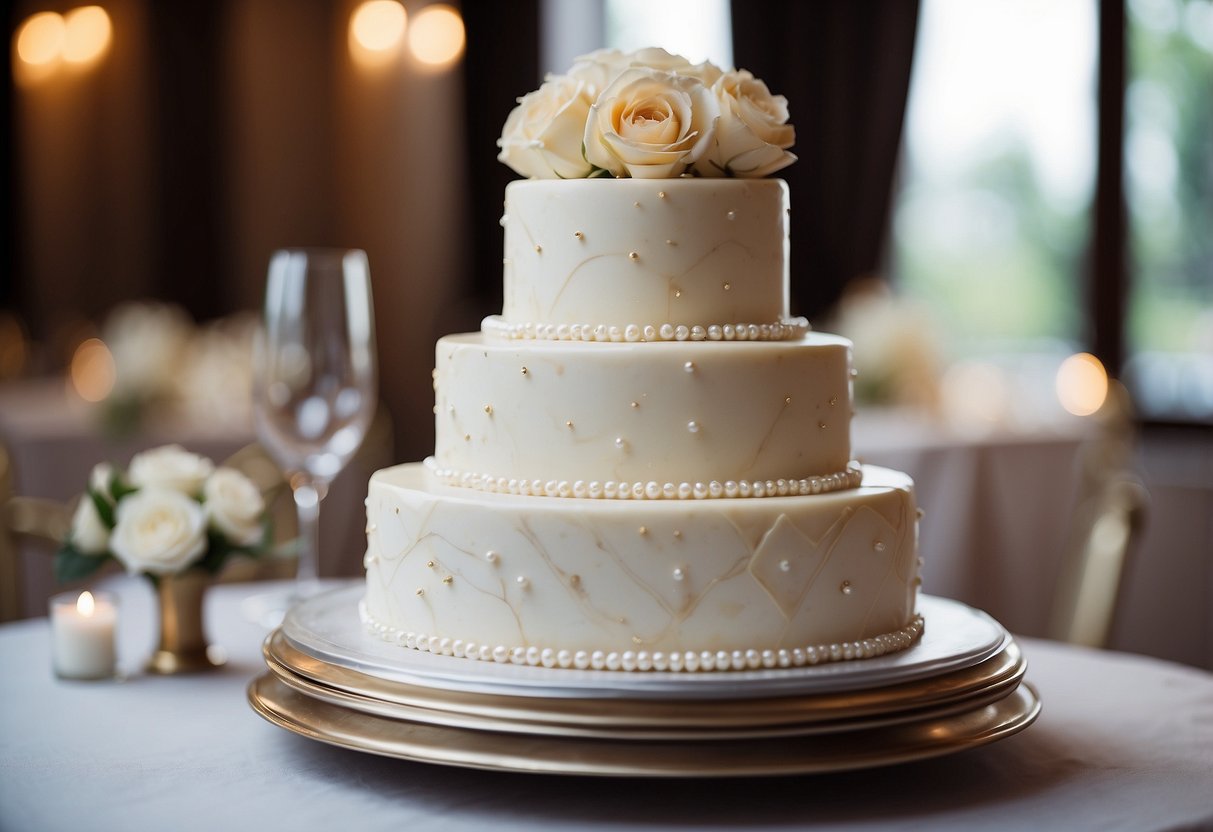 A three-tiered vanilla pearl marble wedding cake with classic decorations and elegant pearl accents