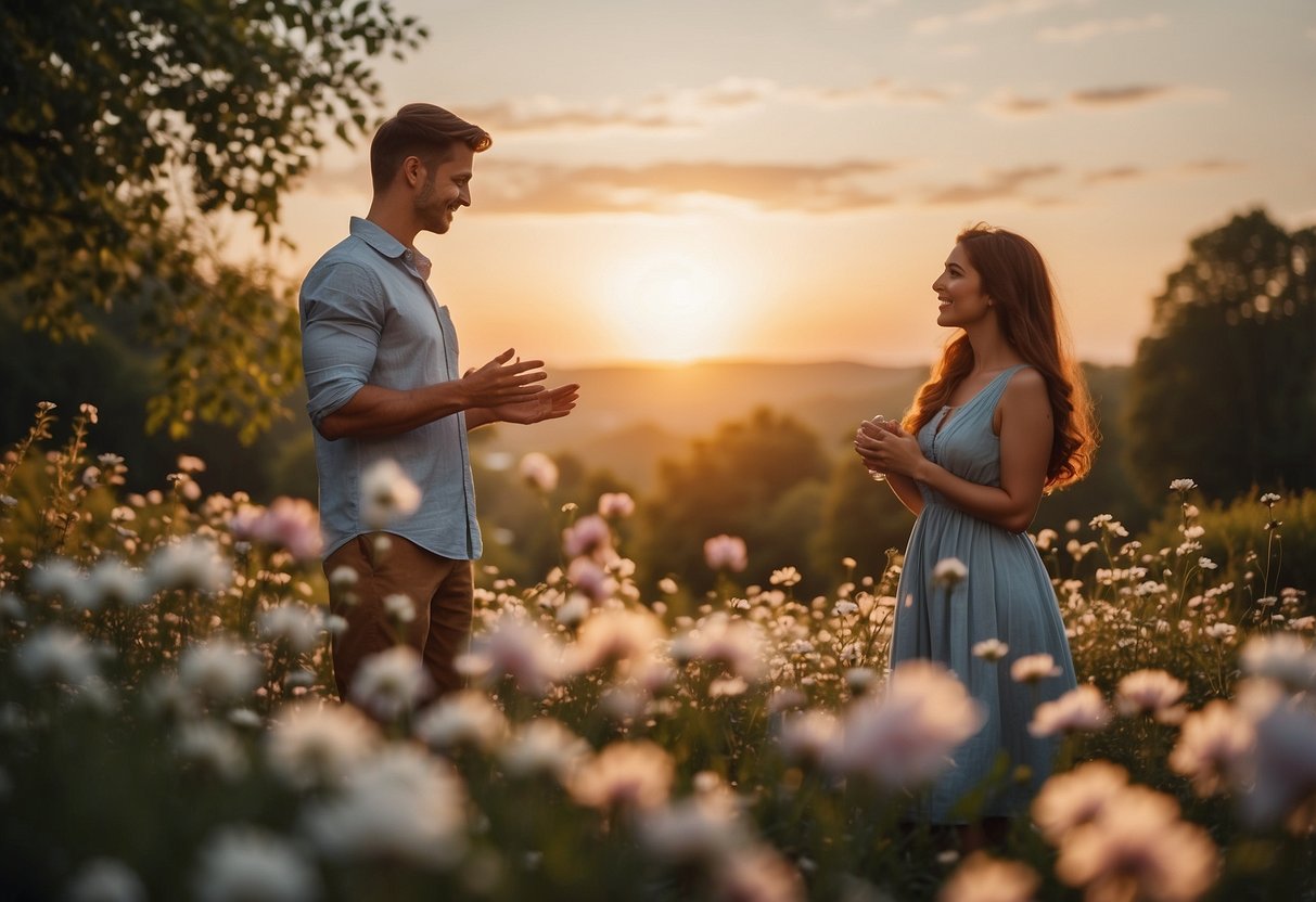 A couple stands in a park, the man on one knee, holding out a ring. The woman looks surprised and emotional, surrounded by blooming flowers and a picturesque sunset