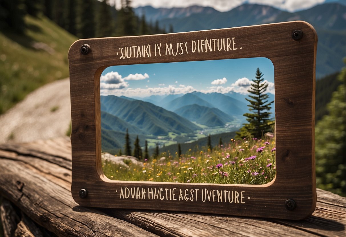 A scenic mountain landscape with a winding trail and a breathtaking view, with the quote "You are my greatest adventure" displayed on a rustic wooden sign