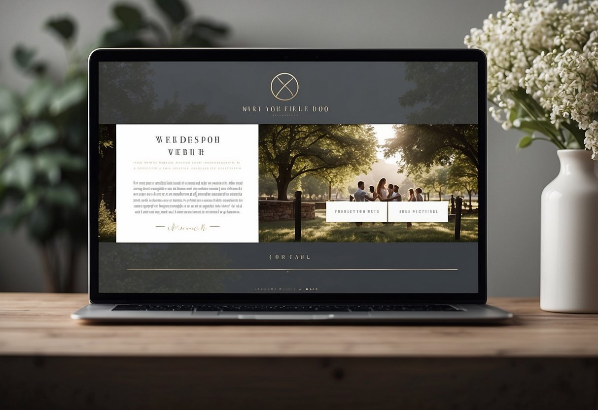 A simple wedding website layout with clean lines, muted colors, and elegant typography. Includes space for names, date, and location