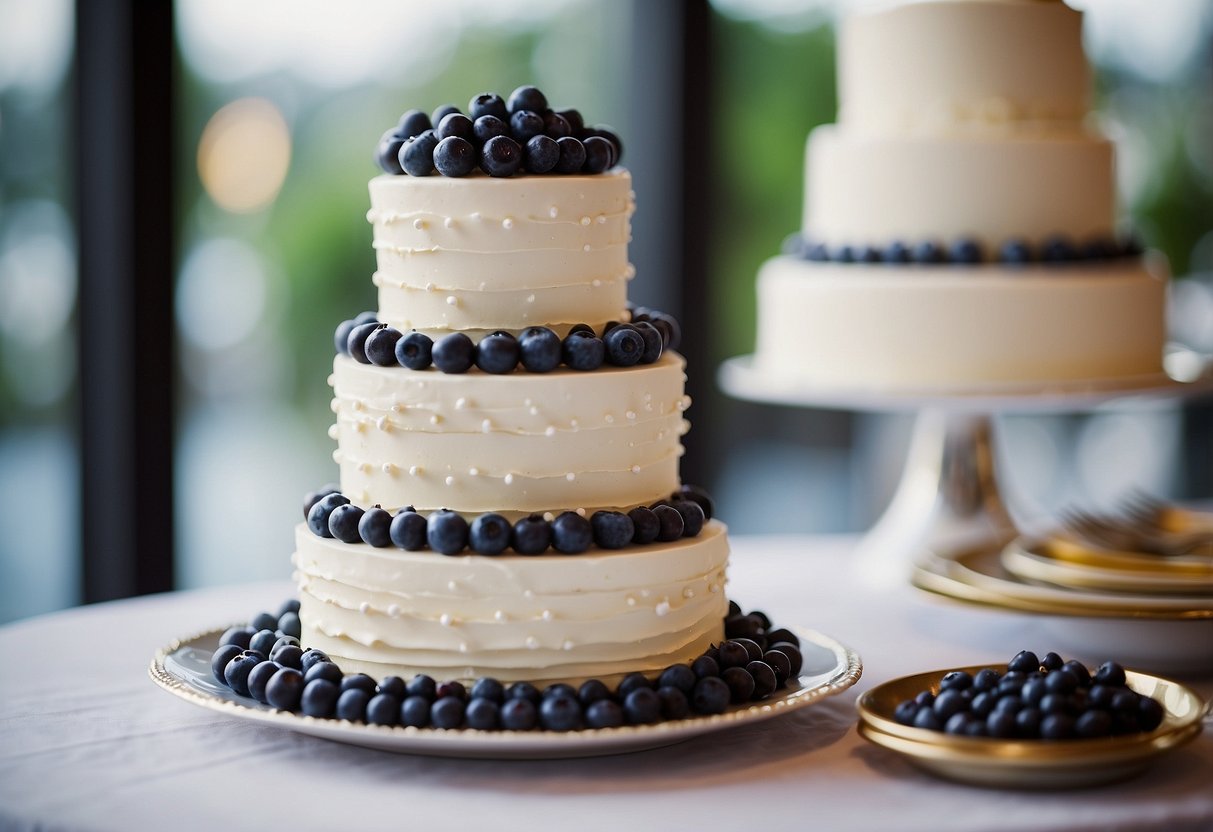 A three-tiered wedding cake with blueberry drizzle and edible pearls