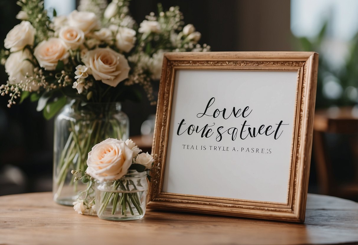 A wedding letter board with the quote "Love is sweet take a treat" displayed in elegant script, surrounded by delicate floral arrangements