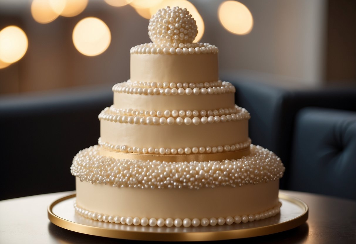 A three-tiered champagne-colored cake adorned with edible pearls and shimmering details, set on a decorative stand with soft lighting