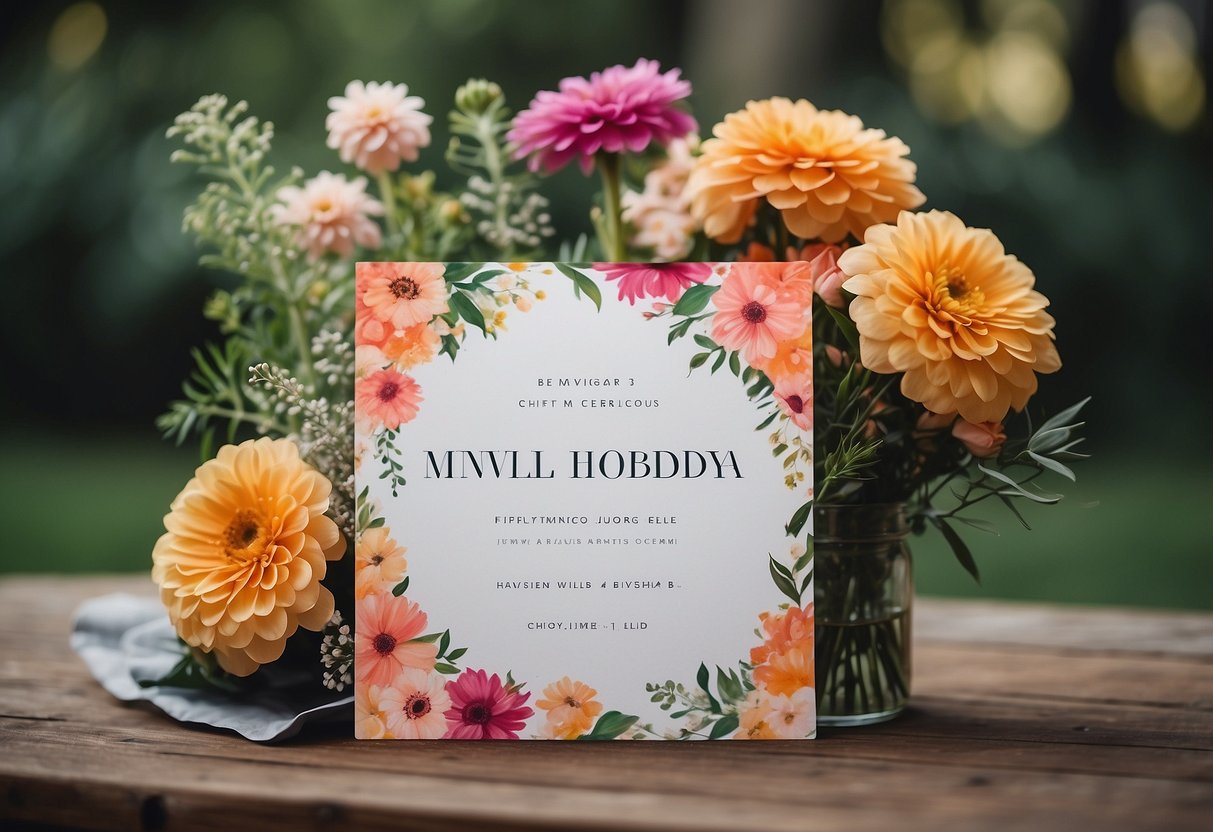 A colorful floral arrangement with a customizable wedding announcement text overlay, set against a clean and modern background