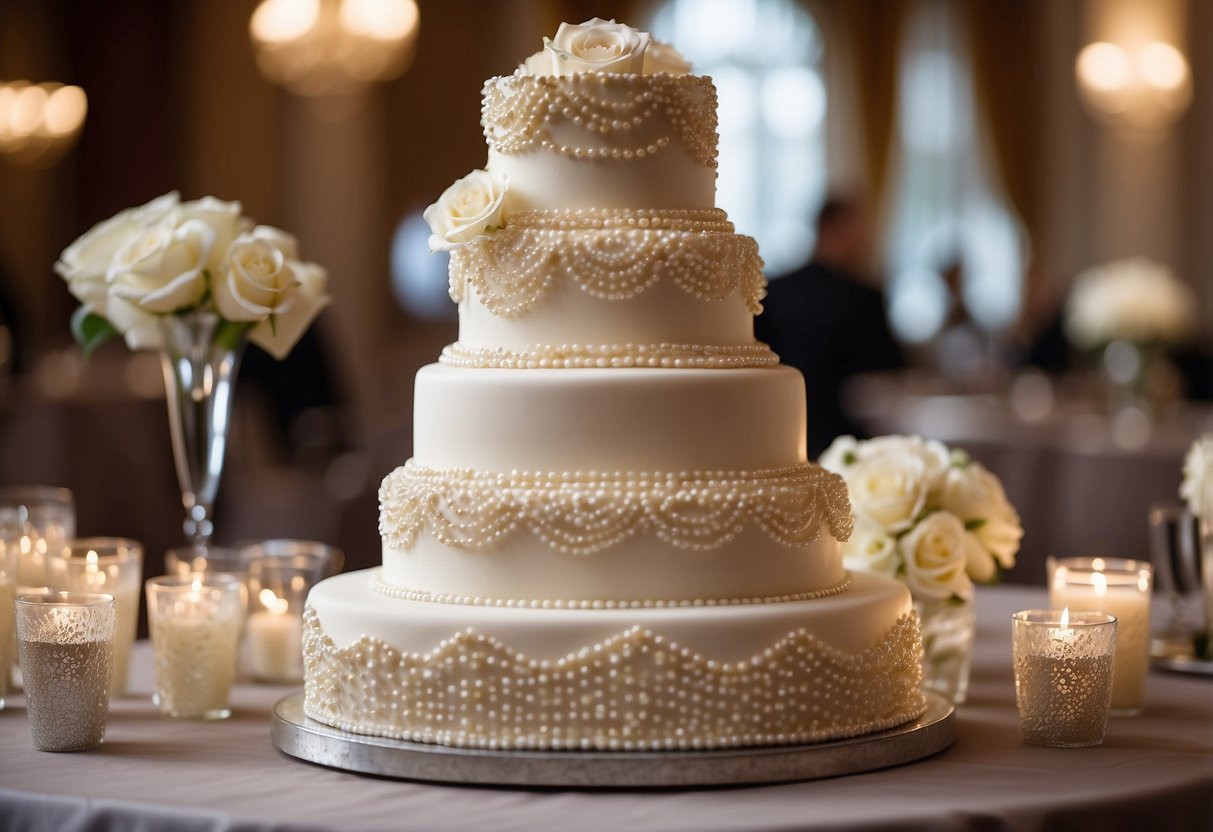 A tiered wedding cake adorned with shimmering pearls cascading down the sides, creating an elegant and luxurious centerpiece for the reception