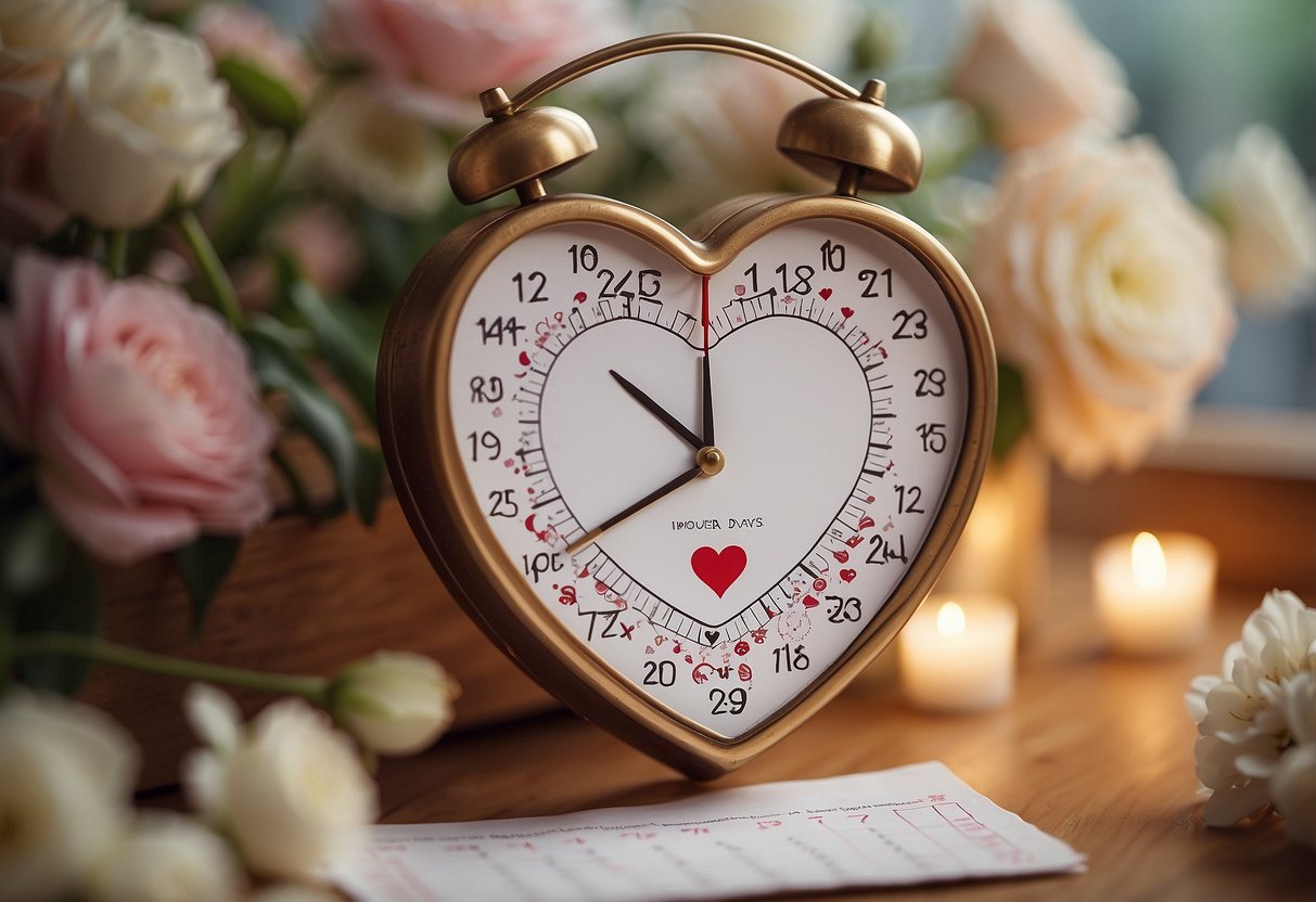 A timeline of love: A heart-shaped calendar with wedding date circled, surrounded by flowers and love letters