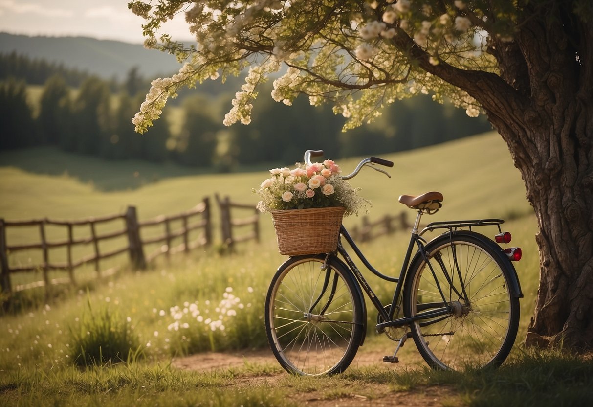 A rustic wooden sign with "Just Married" hangs from a tree. A vintage bicycle with a basket of flowers leans against the sign. A quaint countryside setting with rolling hills and a charming barn in the background