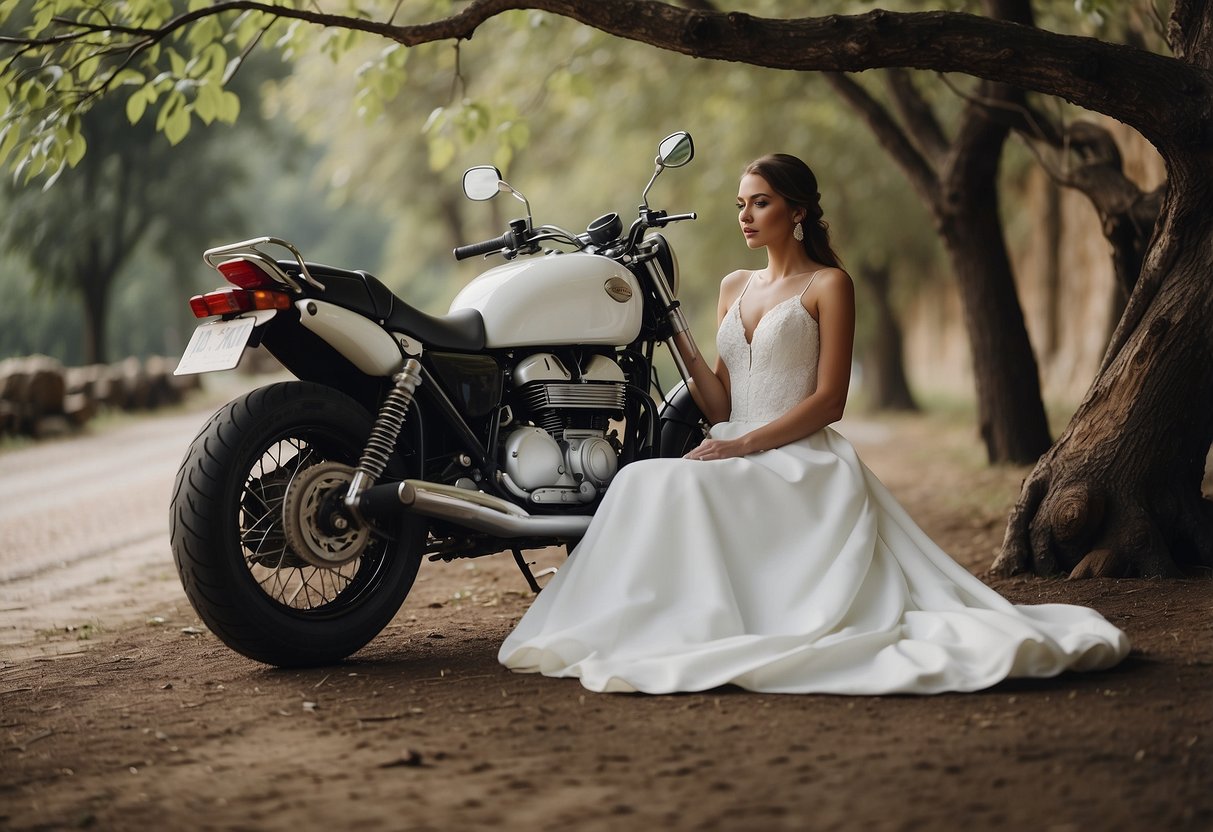 A sleek motorcycle parked next to a flowing, white wedding dress hanging from a tree branch in a rustic outdoor setting