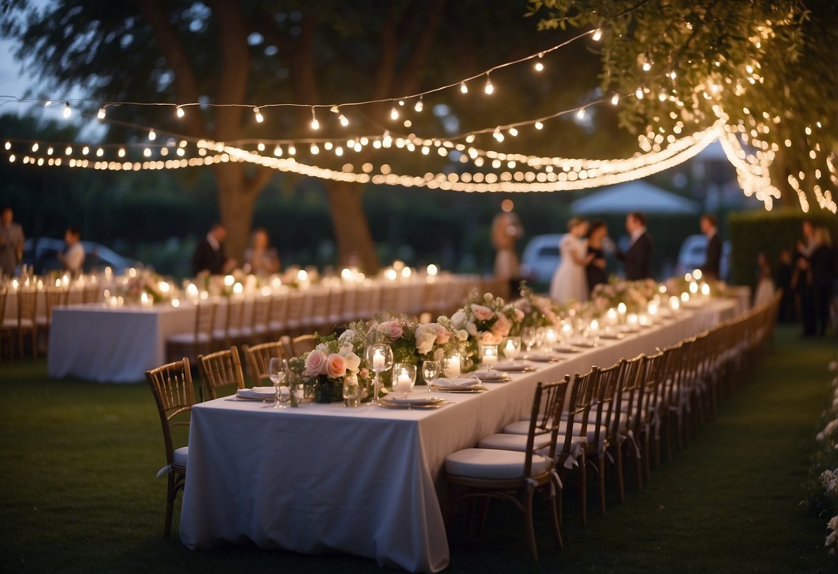 A garden adorned with twinkling fairy lights, illuminating a romantic wedding reception. Tables are elegantly set with floral centerpieces, and guests mingle under the enchanting glow