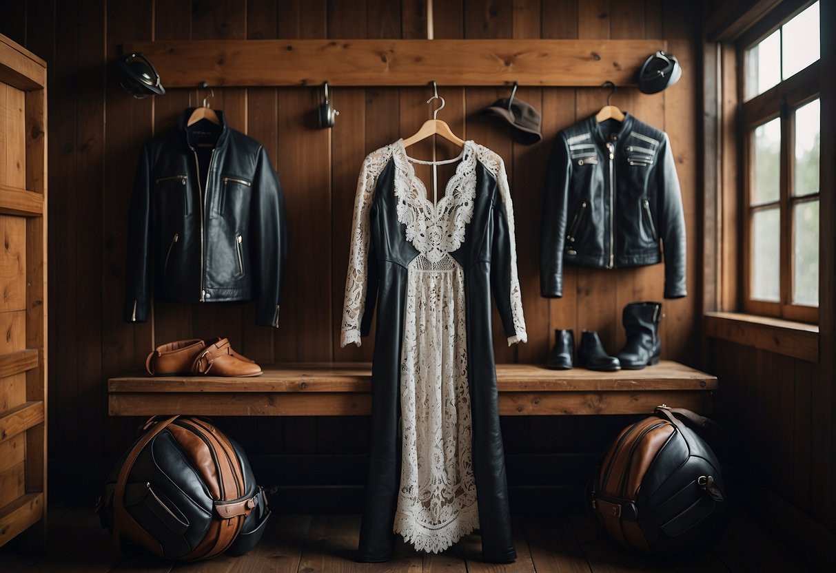 A leather and lace gown hangs on a rustic wooden hanger, surrounded by motorcycle gear and accessories