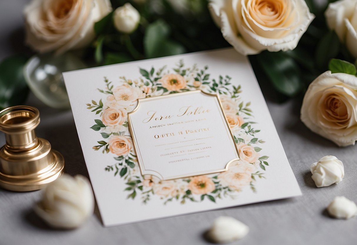 A beautifully decorated wedding invitation surrounded by floral arrangements and elegant calligraphy