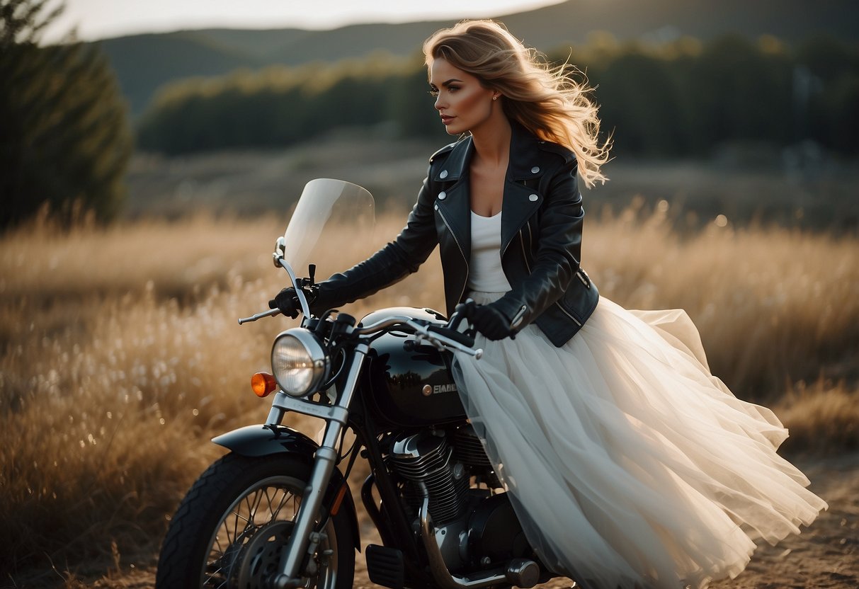 A sleek moto jacket paired with a flowing tulle skirt, creating a unique and edgy biker wedding dress ensemble