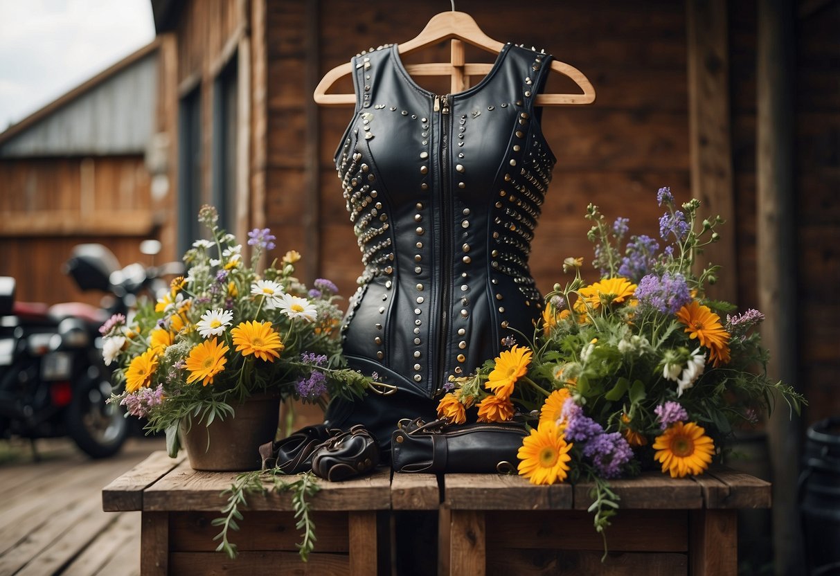 A studded leather corset dress hangs on a rustic wooden hanger, surrounded by motorcycle gear and wildflower bouquets