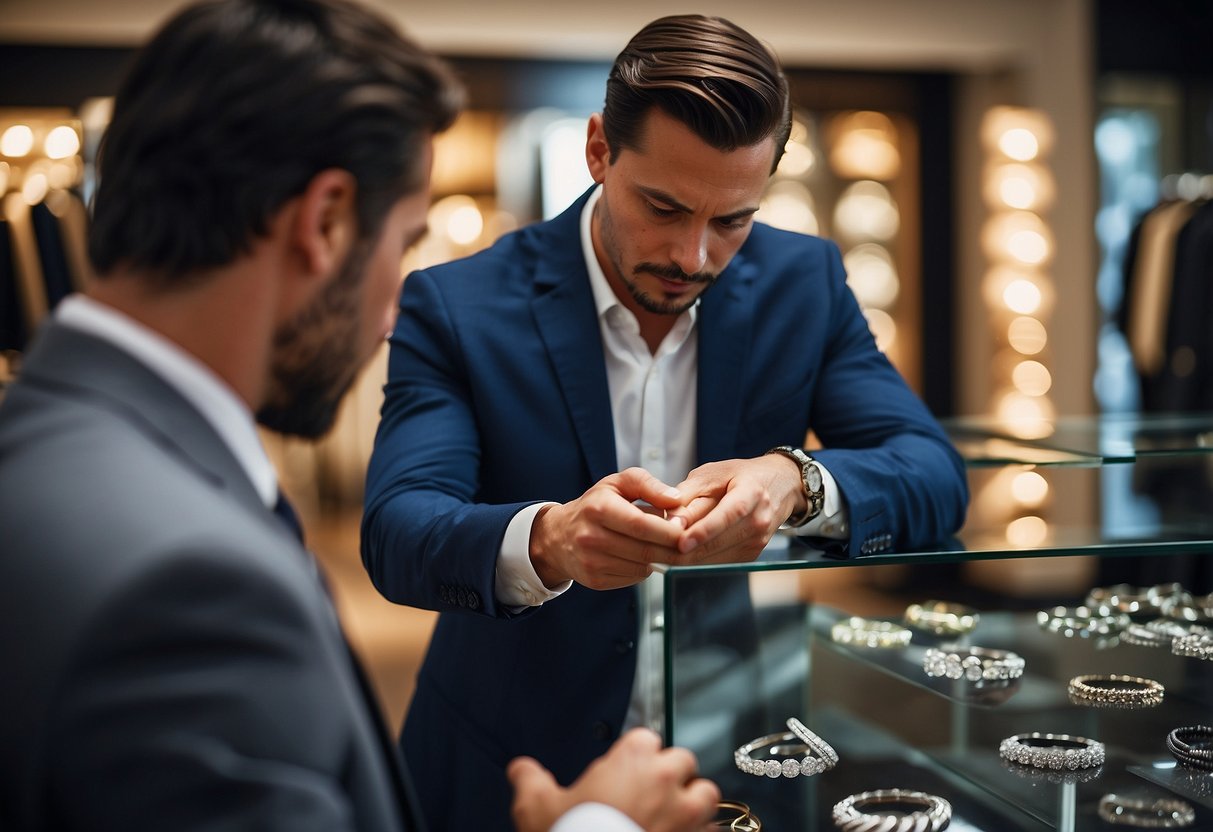 A man holding a diamond ring, looking at price tags in a jewelry store