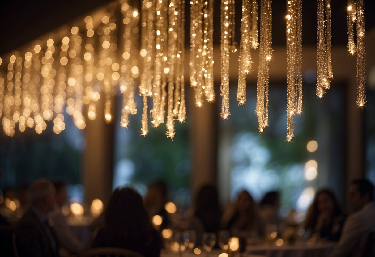 A curtain of twinkling fairy lights cascades down, creating a dreamy ambiance for a wedding reception