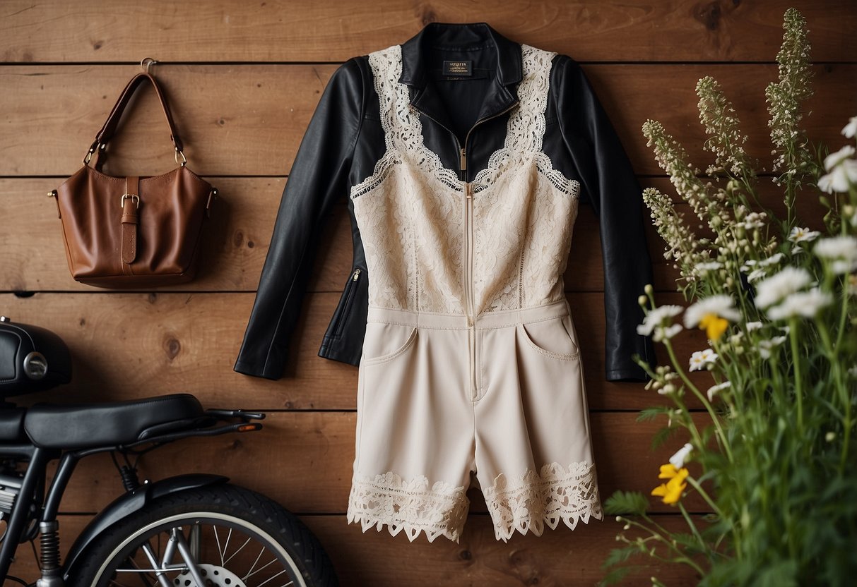 A lace jumpsuit with leather accents hangs on a rustic wooden hanger, surrounded by motorcycle gear and wildflowers