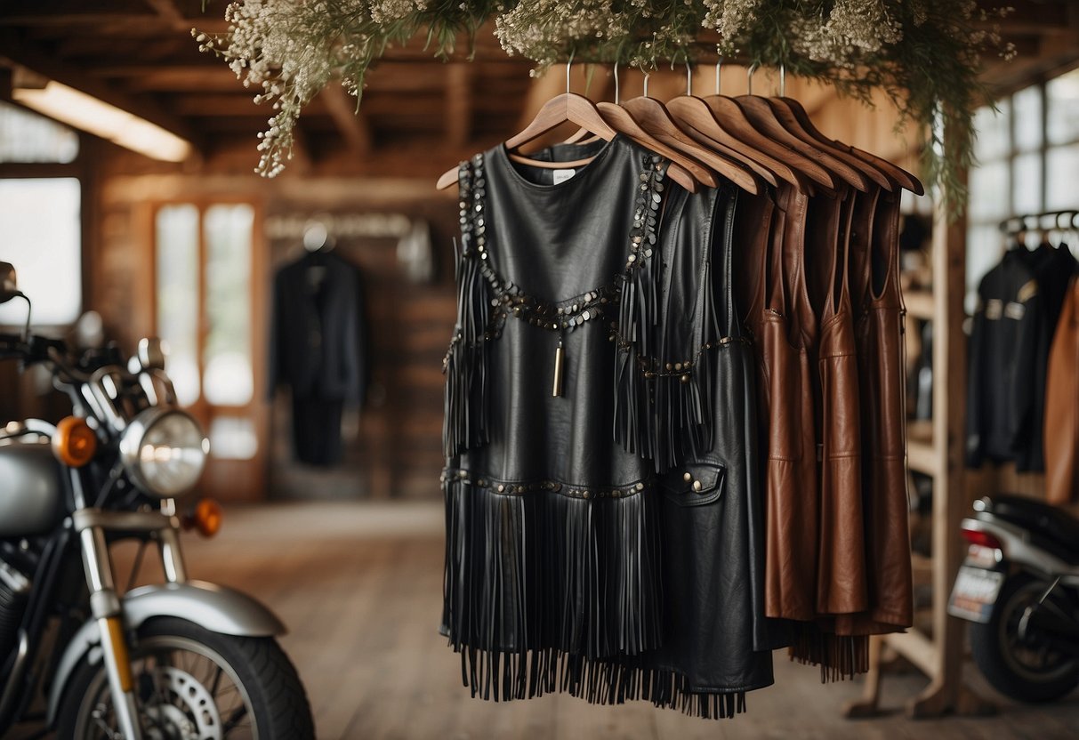 A fringed leather dress hangs on a rustic wooden hanger, surrounded by motorcycle gear and wildflowers